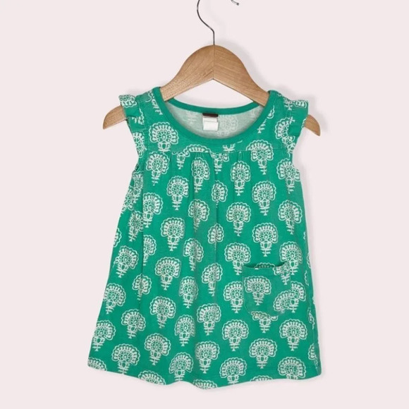 Tea Collection dress turquoise with white print flutter sleeve size 12-18 months - Picture 1 of 6